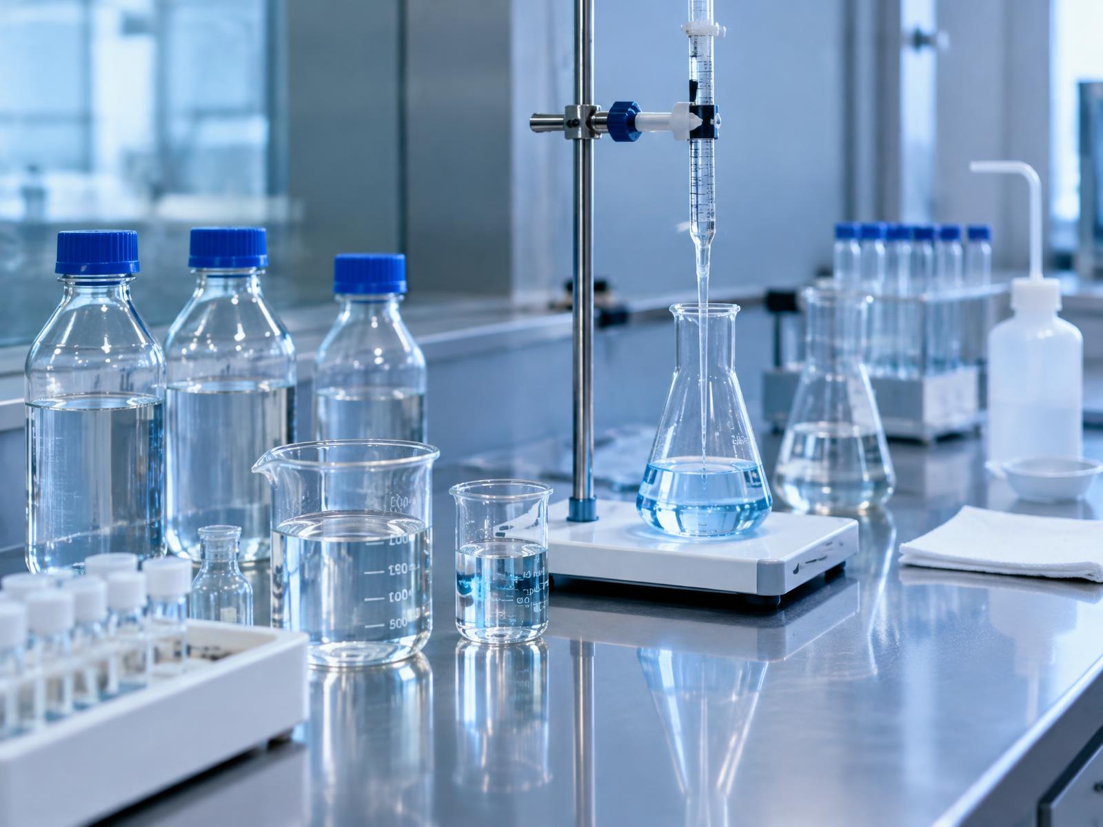Campioni d'acqua e vetreria per analisi chimiche su un banco di laboratorio